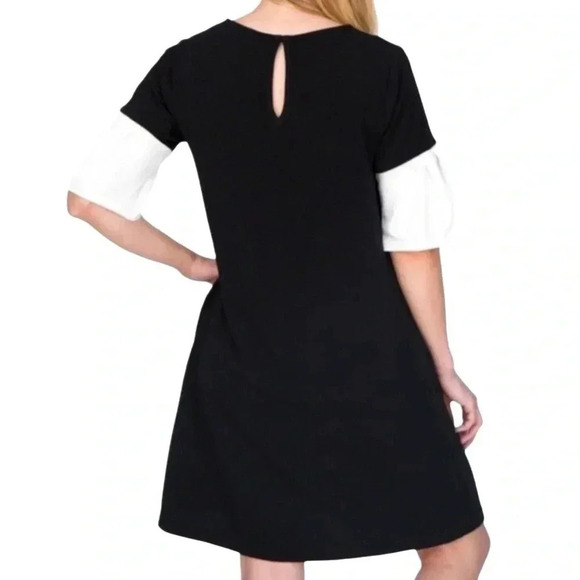 Agnes & Dora Black Dress with White Inverted Pleat Sleeves, Side Pockets - Picture 2 of 3